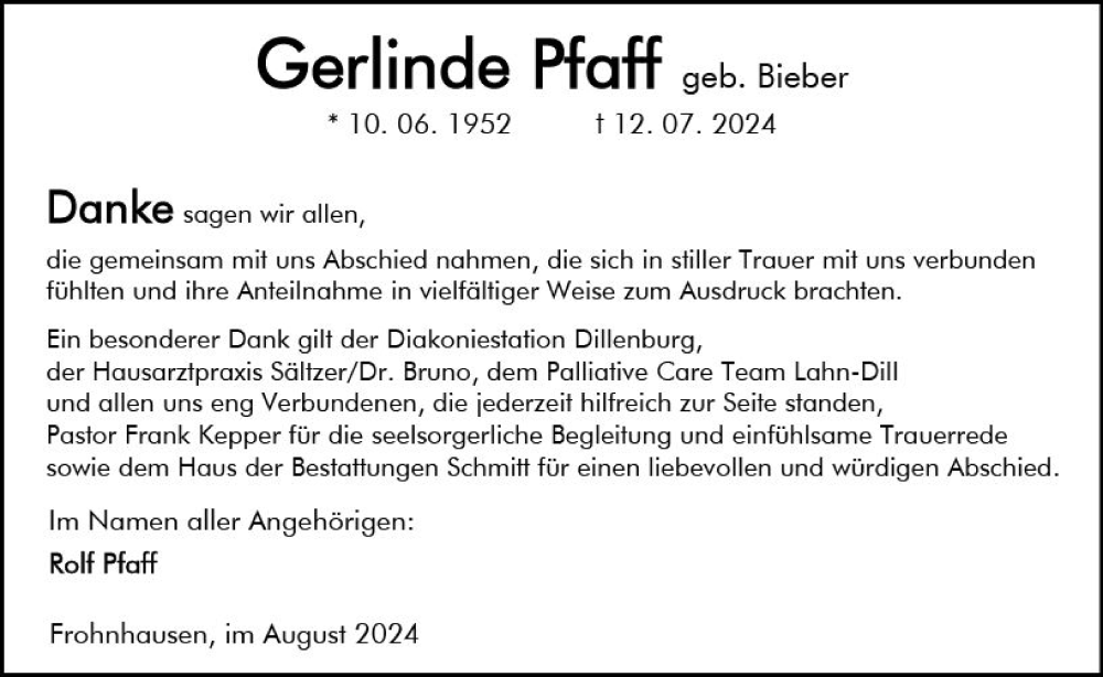  Traueranzeige für Gerlinde Pfaff vom 24.08.2024 aus Dill Block