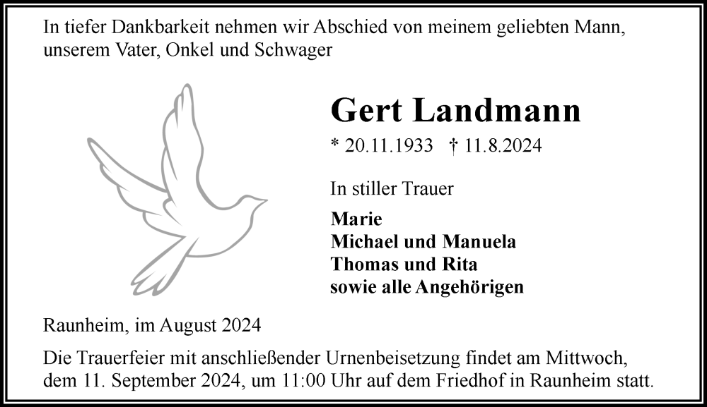  Traueranzeige für Gert Landmann vom 31.08.2024 aus Rüsselsheimer Echo