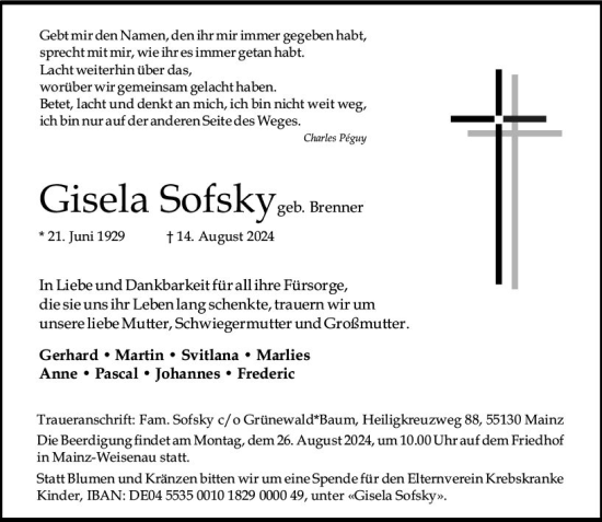 Traueranzeige von Gisela Sofsky von Allgemeine Zeitung Mainz