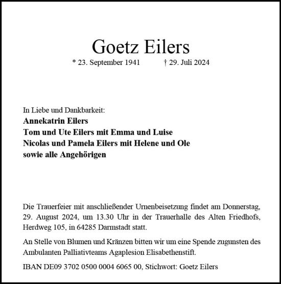 Traueranzeige von Goetz Eilers von Darmstädter Echo