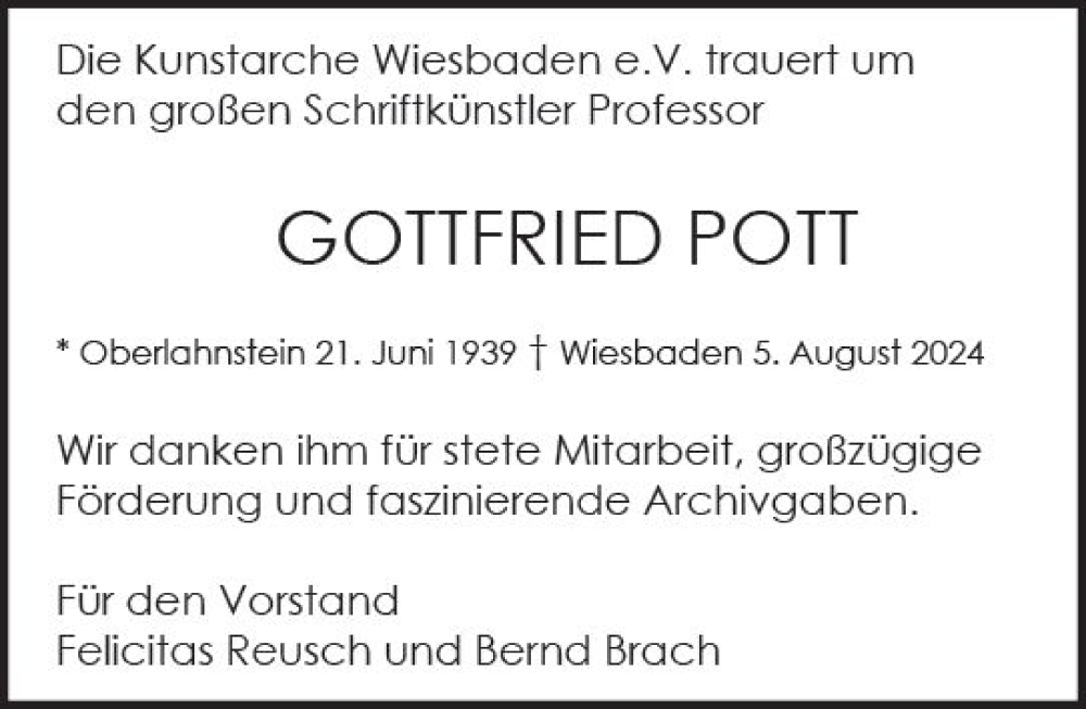  Traueranzeige für Gottfried Pott vom 10.08.2024 aus Wiesbadener Kurier