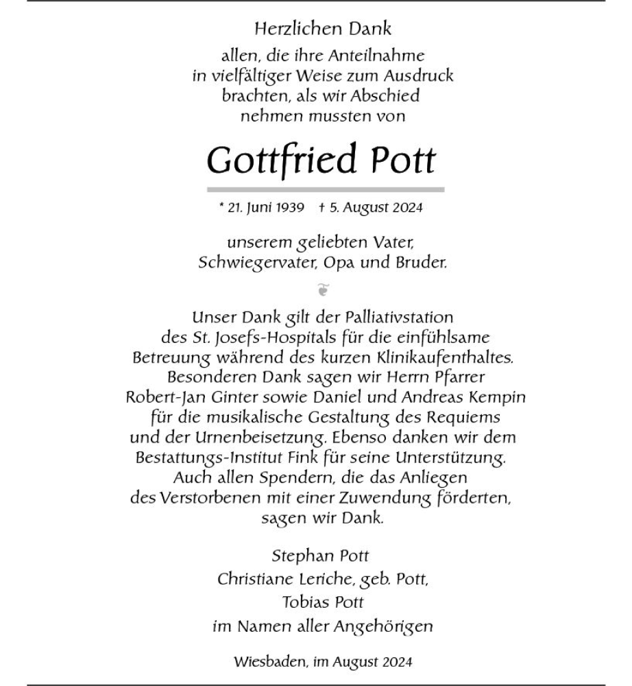  Traueranzeige für Gottfried Pott vom 24.08.2024 aus Wiesbadener Kurier