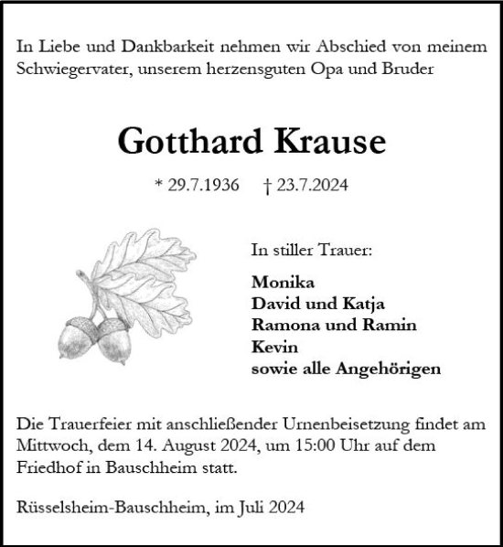 Traueranzeige von Gotthard Krause von Rüsselsheimer Echo