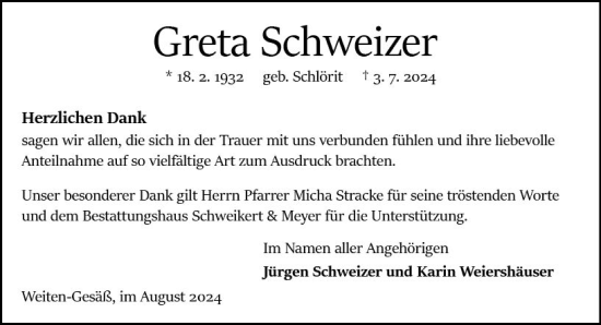 Traueranzeige von Greta Schweizer von Odenwälder Echo