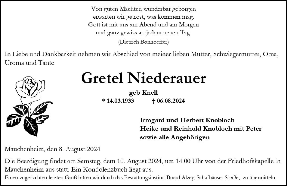  Traueranzeige für Gretel Niederauer vom 08.08.2024 aus Allgemeine Zeitung Alzey