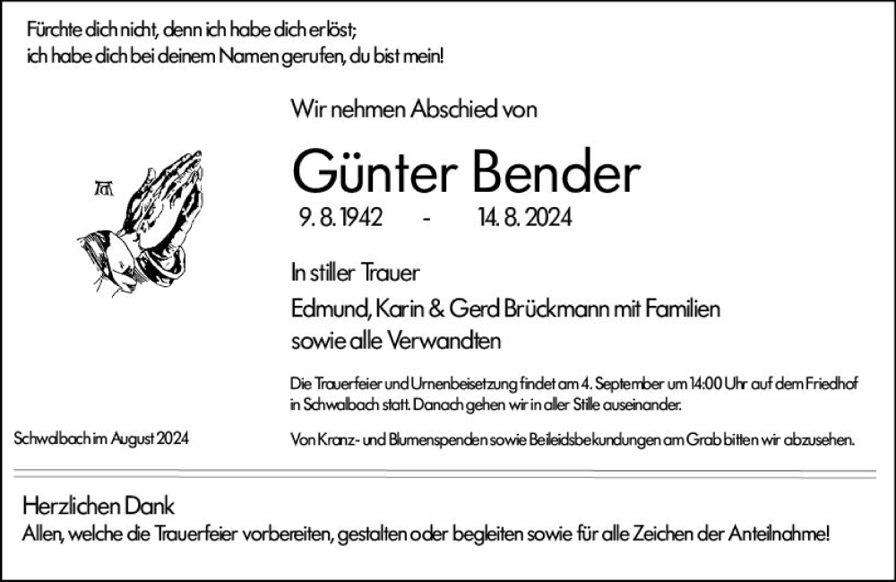  Traueranzeige für Günter Bender vom 28.08.2024 aus Wetzlarer Neue Zeitung