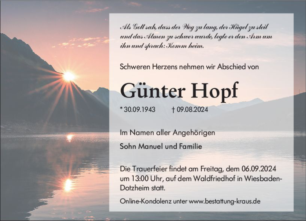  Traueranzeige für Günter  Hopf vom 24.08.2024 aus Wiesbadener Kurier
