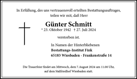 Traueranzeige von Günter Schmitt von Wiesbadener Kurier
