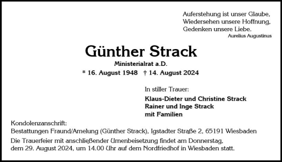 Traueranzeige von Günther Strack von Wiesbadener Kurier