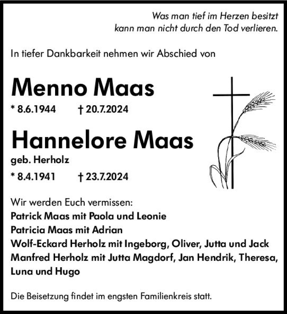  Traueranzeige für Hannelore Maas vom 17.08.2024 aus Wiesbadener Kurier
