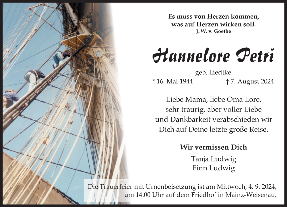  Traueranzeige für Hannelore Petri vom 31.08.2024 aus Allgemeine Zeitung Mainz