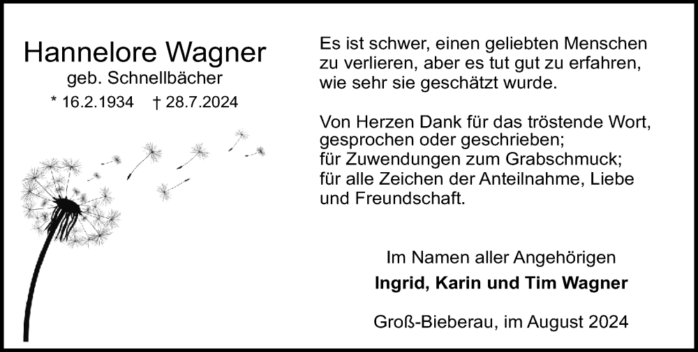  Traueranzeige für Hannelore Wagner vom 31.08.2024 aus Odenwälder Echo