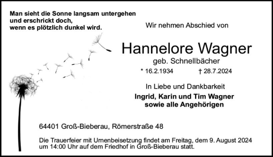 Traueranzeige von Hannelore Wagner von Odenwälder Echo