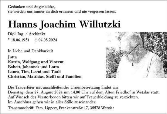 Traueranzeige von Hanns Joachim Willutzki von Wetzlarer Neue Zeitung