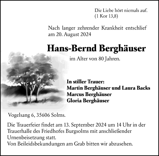 Traueranzeige von Hans-Bernd Berghäuser von Weilburger Tageblatt