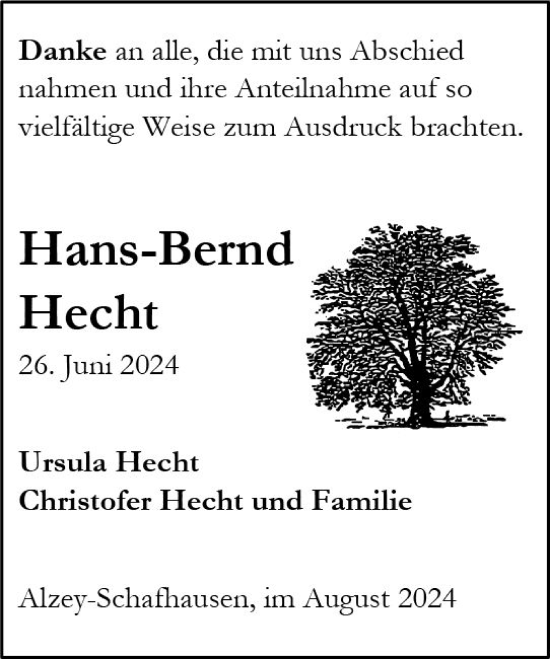 Traueranzeige von Hans-Bernd Hecht von Allgemeine Zeitung Alzey
