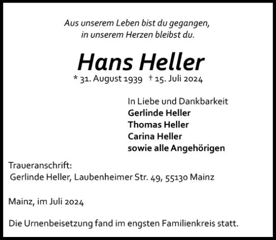 Traueranzeige von Hans Heller von Allgemeine Zeitung Mainz