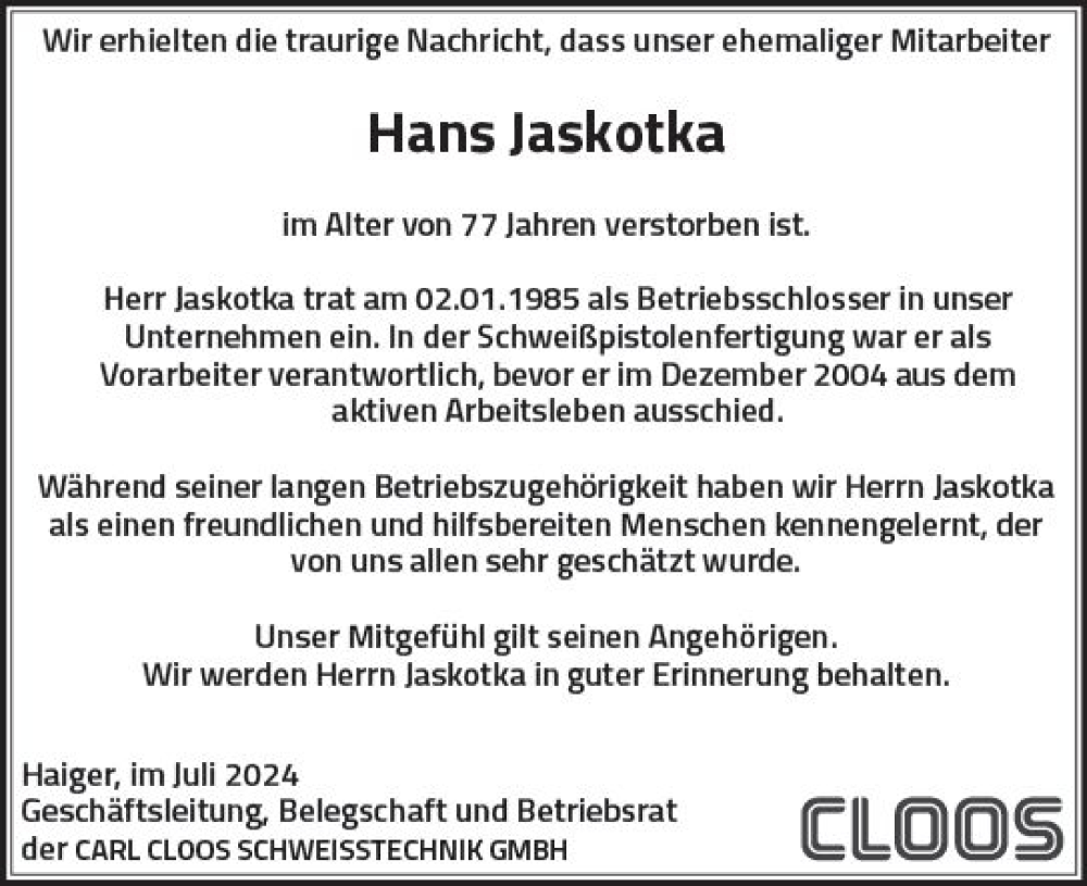  Traueranzeige für Hans Jaskotka vom 02.08.2024 aus Dill Block