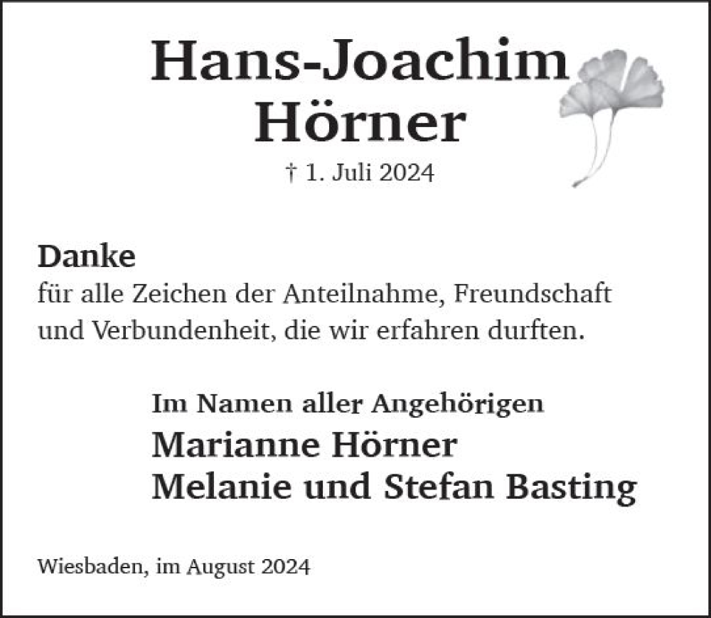  Traueranzeige für Hans-Joachim Hörner vom 10.08.2024 aus Wiesbadener Kurier