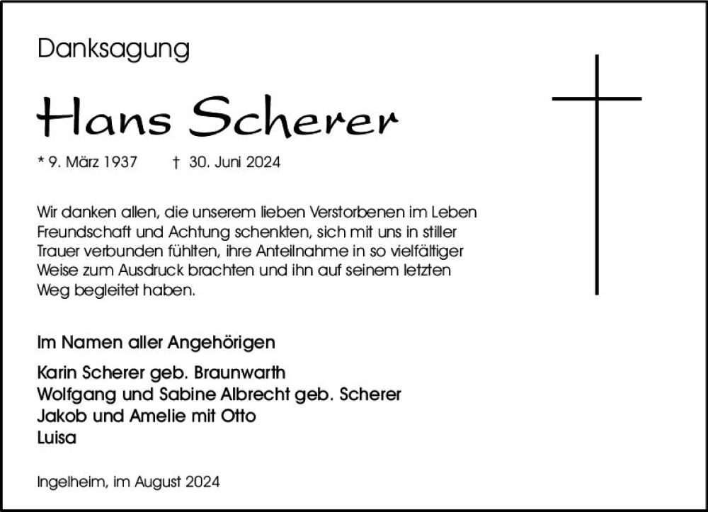 Traueranzeige für Hans Scherer vom 03.08.2024 aus Allgemeine Zeitung Rheinhessen-Nahe
