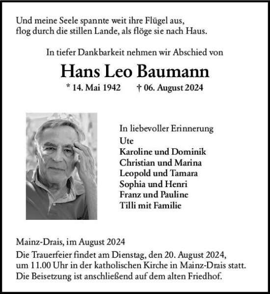 Traueranzeige von Hans Leo Baumann von Allgemeine Zeitung Mainz