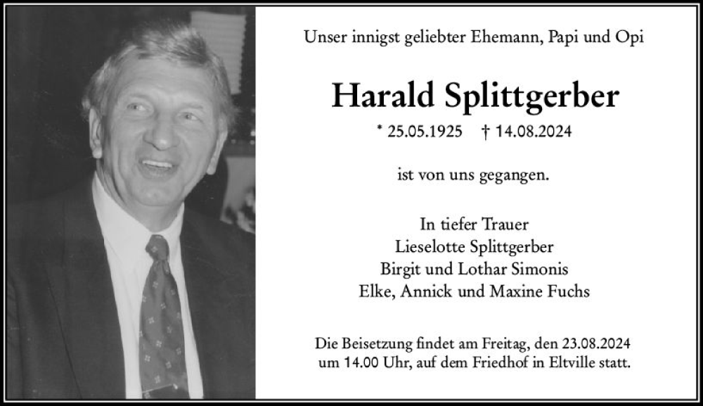  Traueranzeige für Harald Splittgerber vom 20.08.2024 aus Wiesbadener Kurier