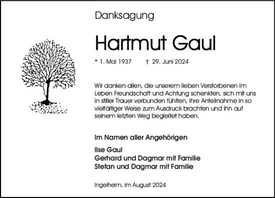 Traueranzeige von Hartmut Gaul von Allgemeine Zeitung Rheinhessen-Nahe