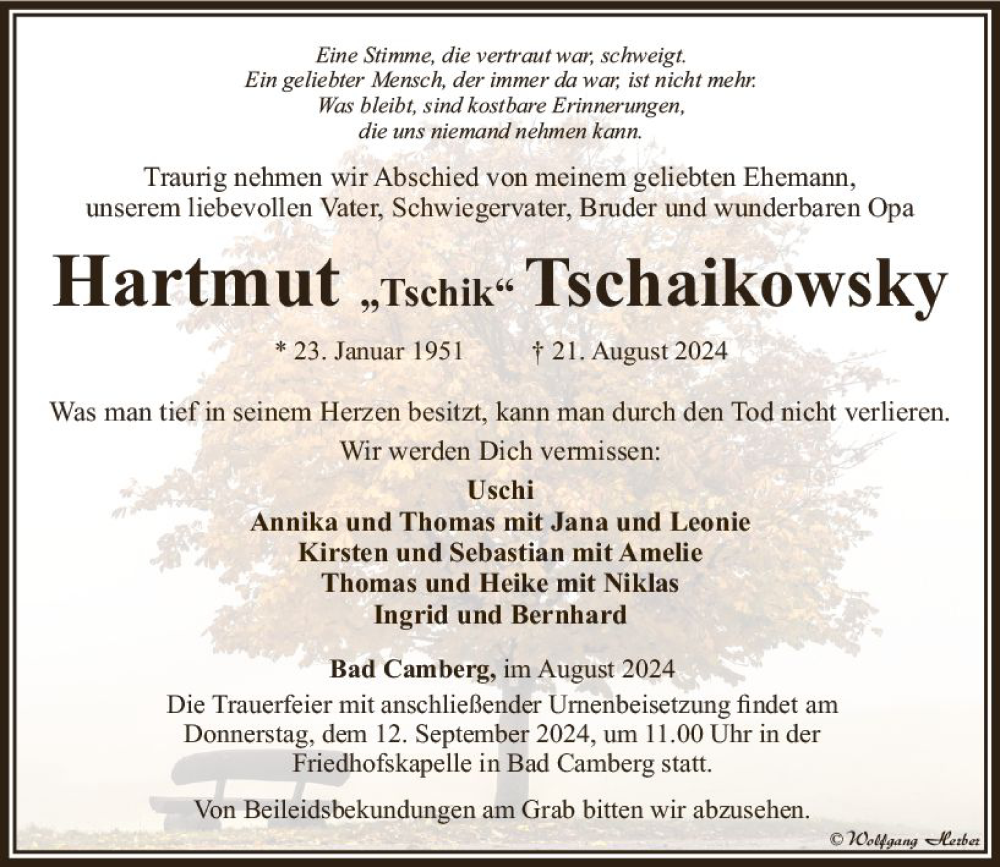  Traueranzeige für Hartmut Tschaikowsky vom 29.08.2024 aus Camberger Anzeiger