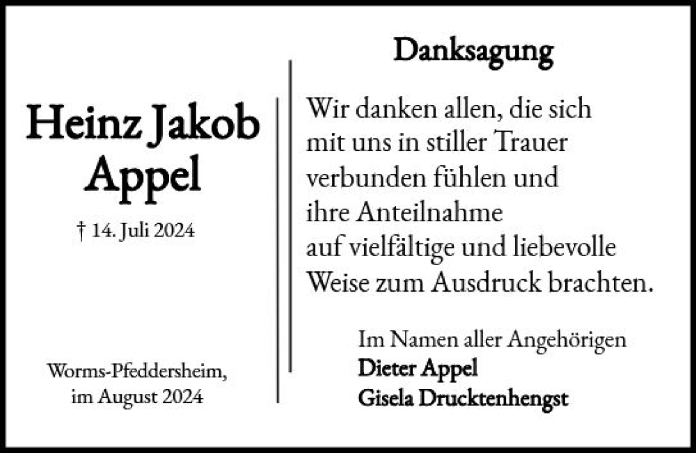  Traueranzeige für Heinz Appel vom 24.08.2024 aus Wormser Zeitung