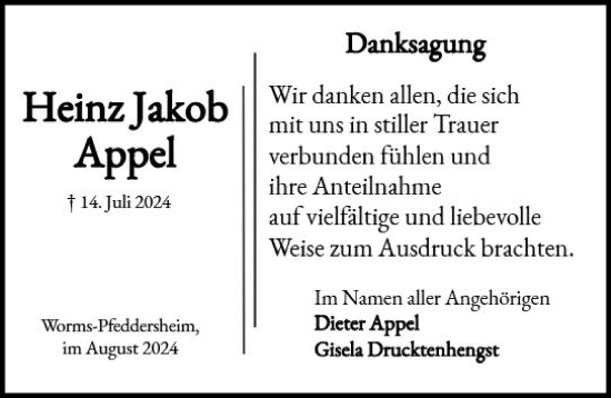 Traueranzeige von Heinz Appel von Wormser Zeitung
