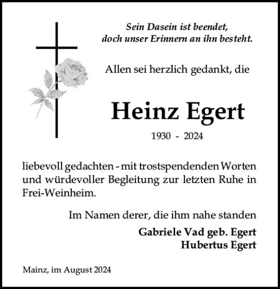 Traueranzeige von Heinz Egert von Allgemeine Zeitung Rheinhessen-Nahe