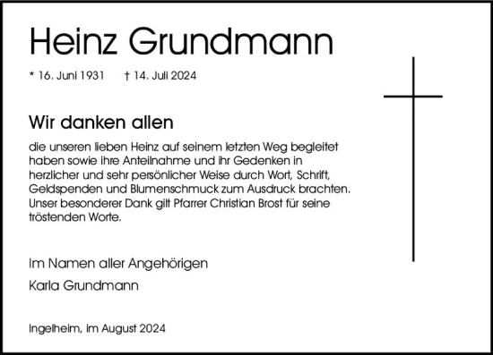 Traueranzeige von Heinz Grundmann von Allgemeine Zeitung Rheinhessen-Nahe