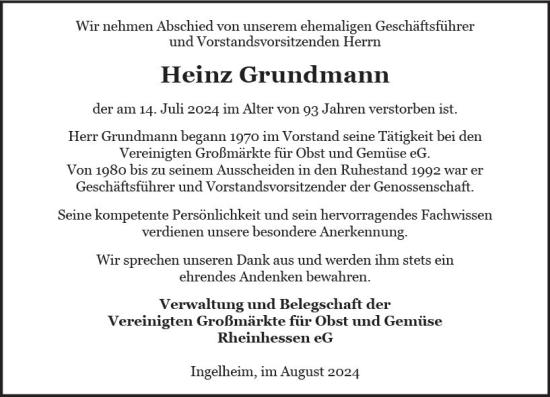Traueranzeige von Heinz Grundmann von Allgemeine Zeitung Rheinhessen-Nahe