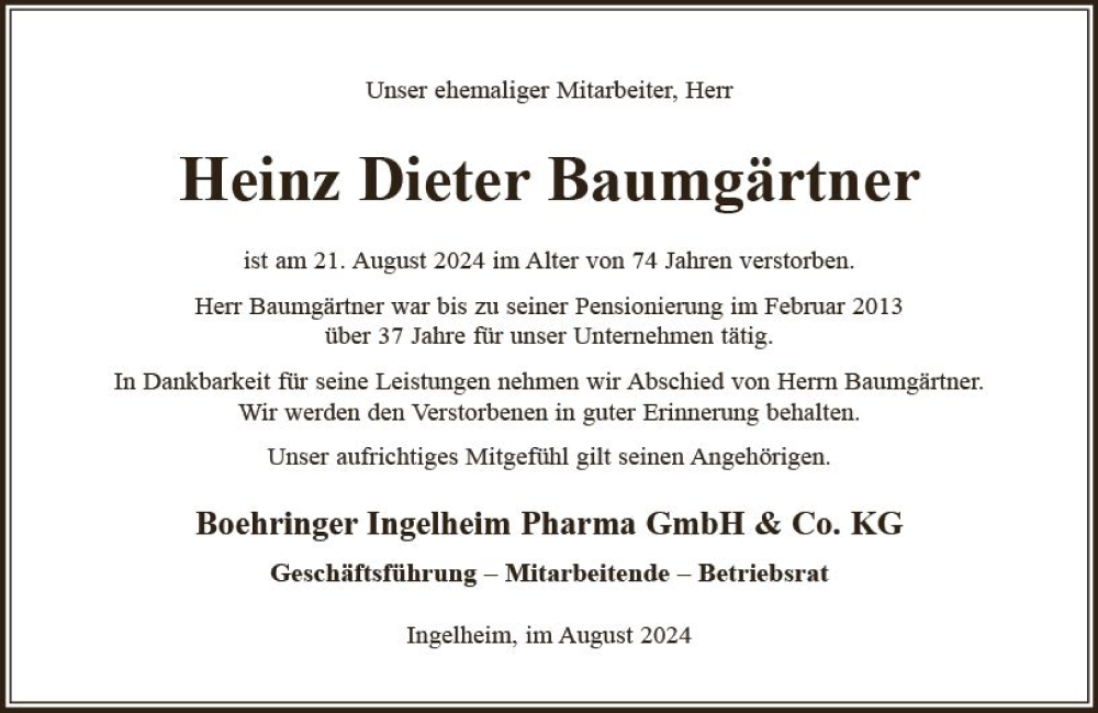  Traueranzeige für Heinz Dieter Baumgärtner vom 27.08.2024 aus Allgemeine Zeitung Rheinhessen-Nahe