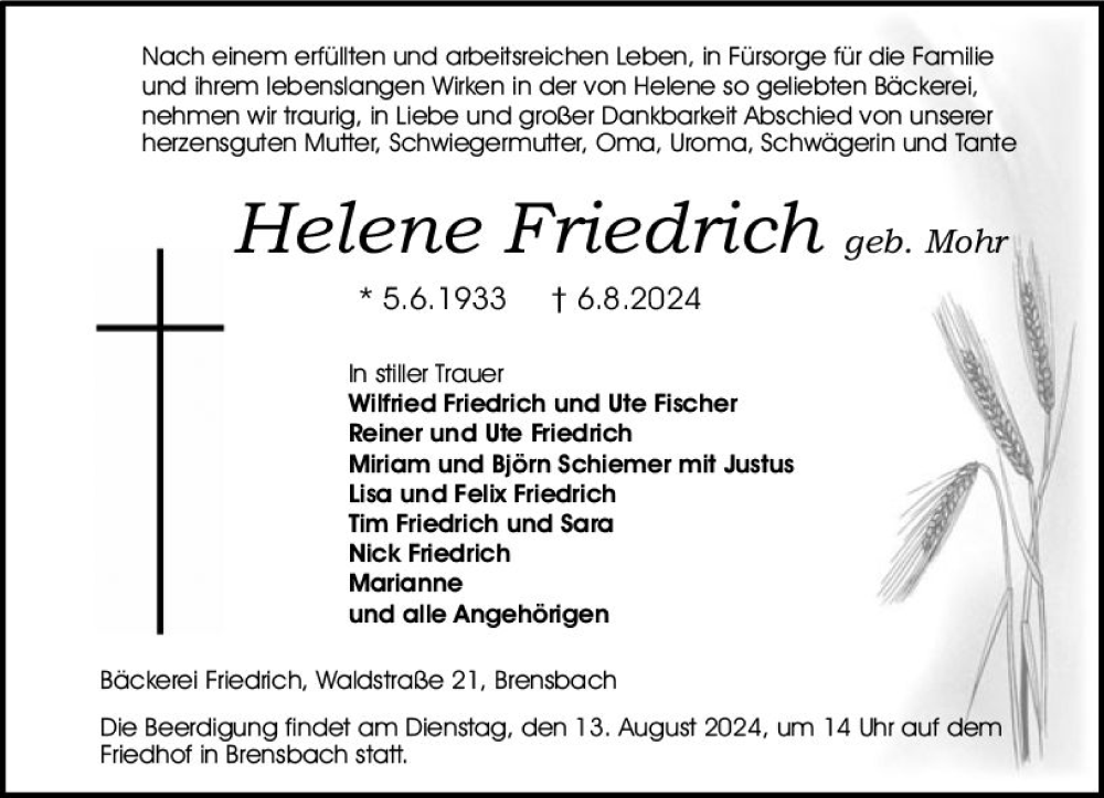  Traueranzeige für Helene Friedrich vom 10.08.2024 aus Odenwälder Echo