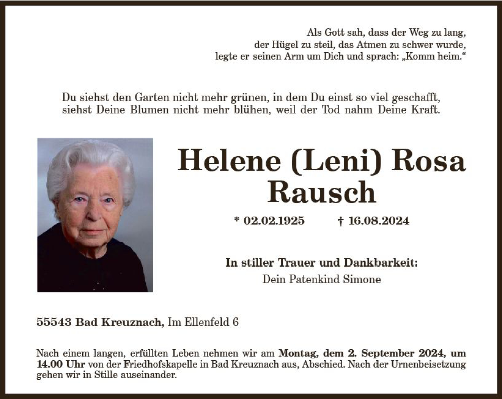  Traueranzeige für Helene Rosa Rausch vom 28.08.2024 aus Allgemeine Zeitung Rheinhessen-Nahe
