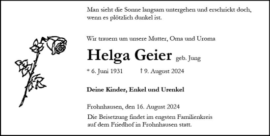 Traueranzeige von Helga Geier von Dill Block