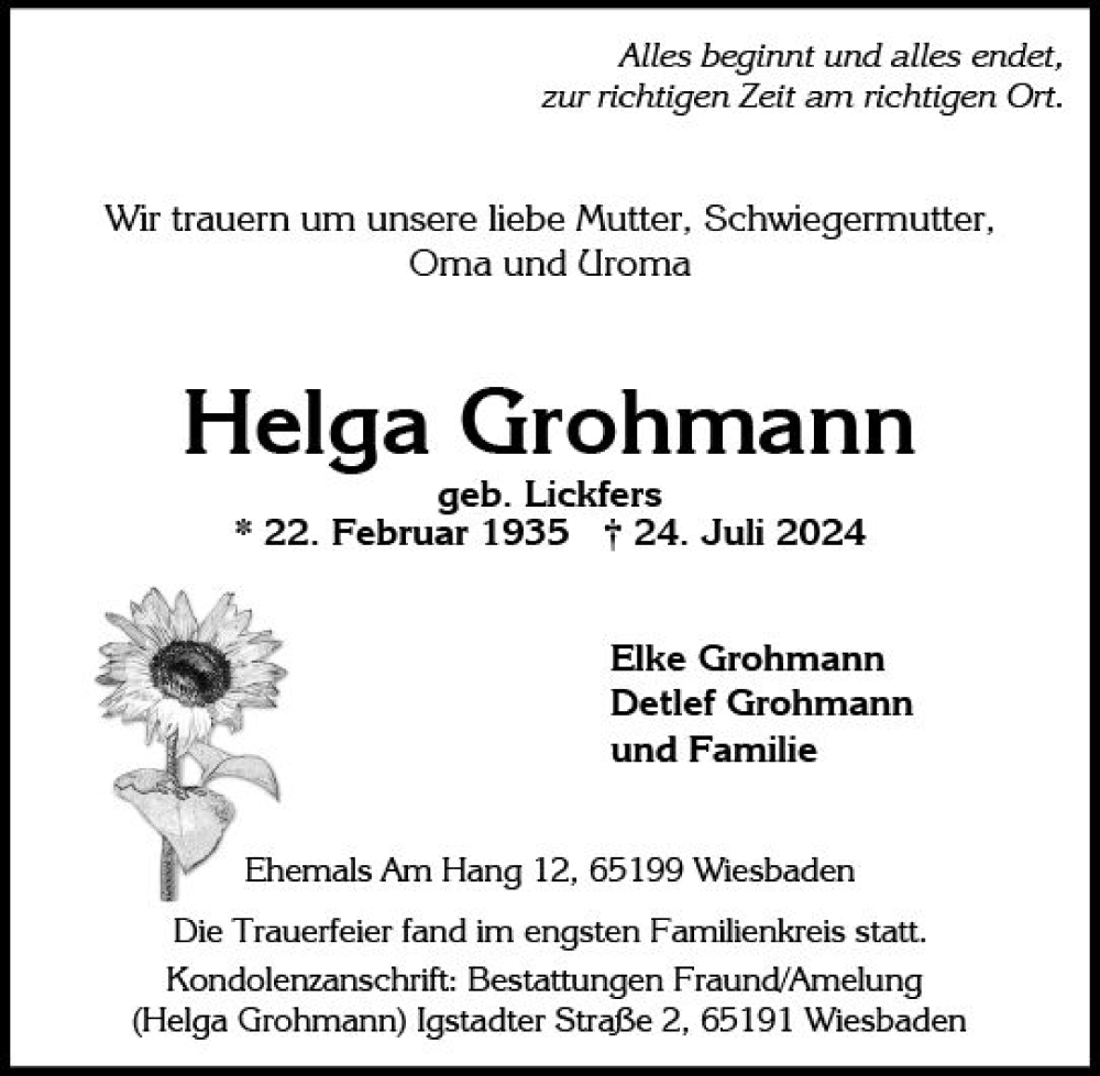  Traueranzeige für Helga Grohrnann vom 03.08.2024 aus Wiesbadener Kurier