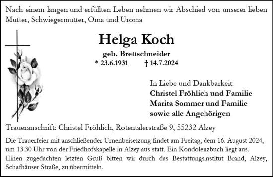 Traueranzeige von Helga Koch von Allgemeine Zeitung Alzey