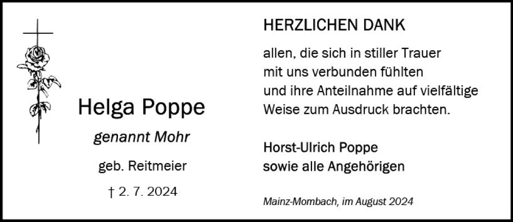 Traueranzeige für Helga Poppe vom 17.08.2024 aus Allgemeine Zeitung Mainz