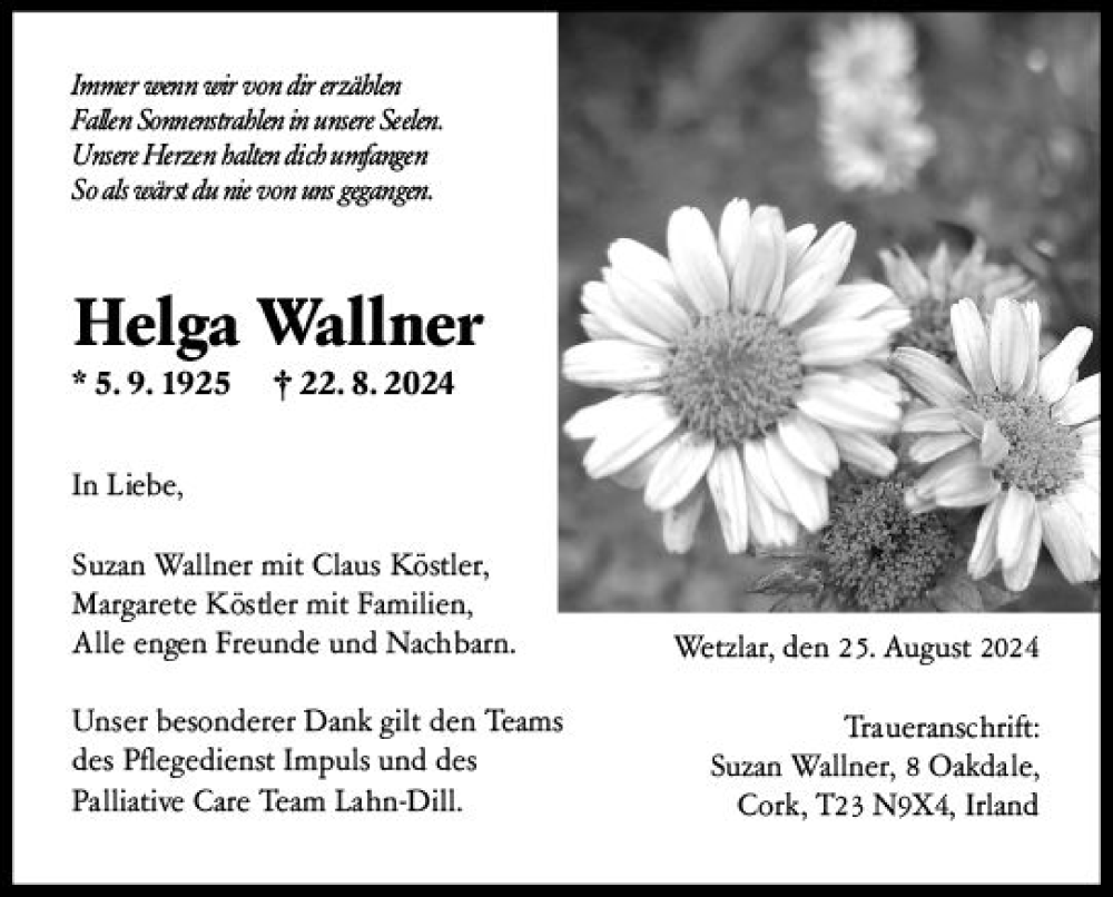  Traueranzeige für Helga Wallner vom 26.08.2024 aus Wetzlarer Neue Zeitung
