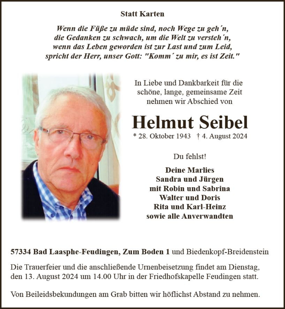  Traueranzeige für Helmut Seibel vom 10.08.2024 aus Hinterländer Anzeiger