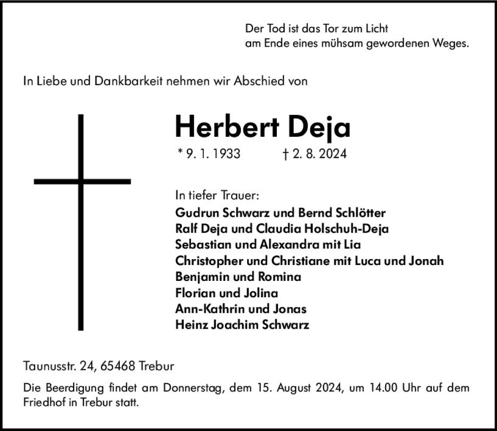  Traueranzeige für Herbert Deja vom 09.08.2024 aus Rüsselsheimer Echo