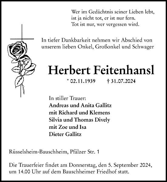 Traueranzeige von Herbert Feitenhansl von Rüsselsheimer Echo