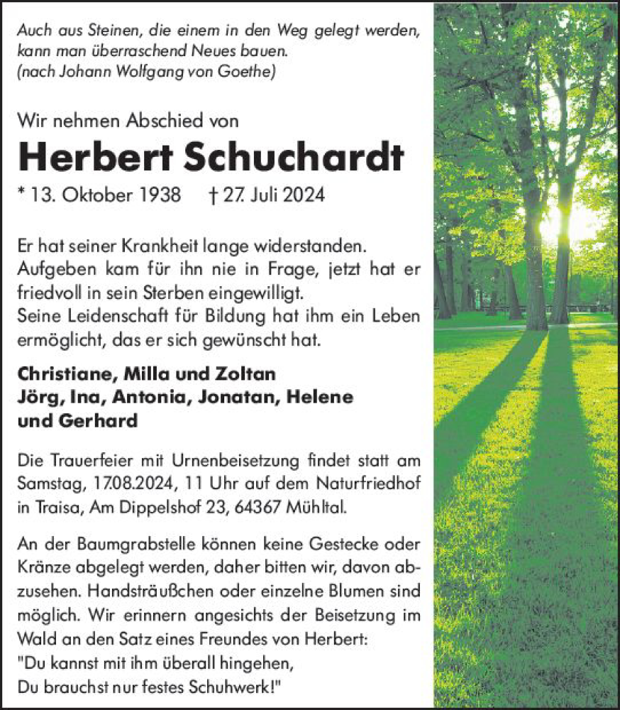  Traueranzeige für Herbert Schuchardt vom 03.08.2024 aus Darmstädter Echo