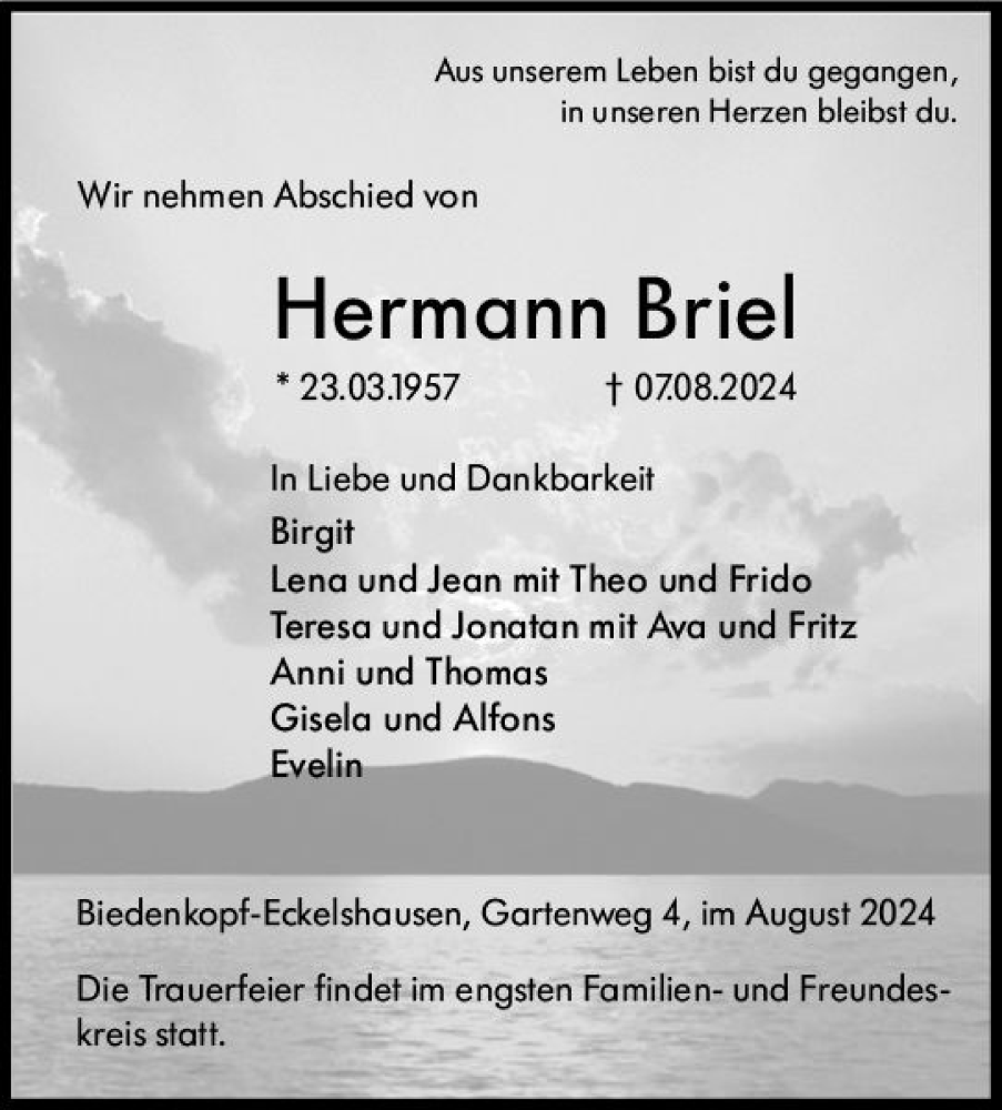  Traueranzeige für Hermann Briel vom 12.08.2024 aus Hinterländer Anzeiger