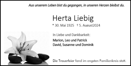Traueranzeige von Herta Liebig von Darmstädter Echo