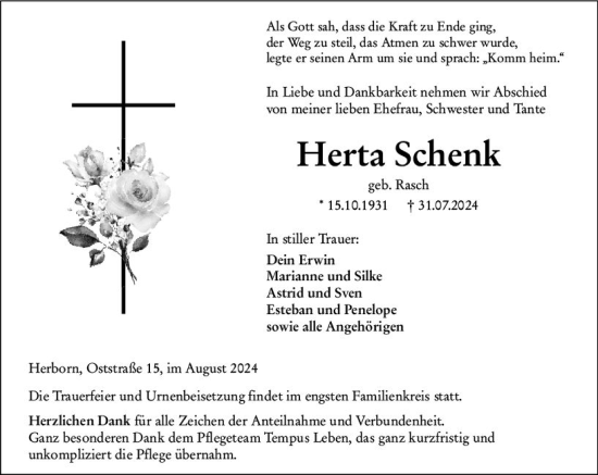 Traueranzeige von Herta Schenk von Dill Block