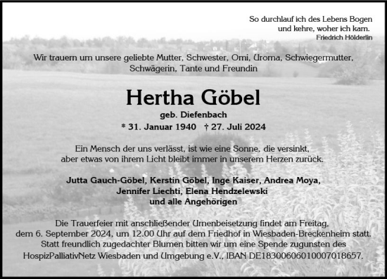 Traueranzeige von Hertha Göbel von Wiesbadener Kurier