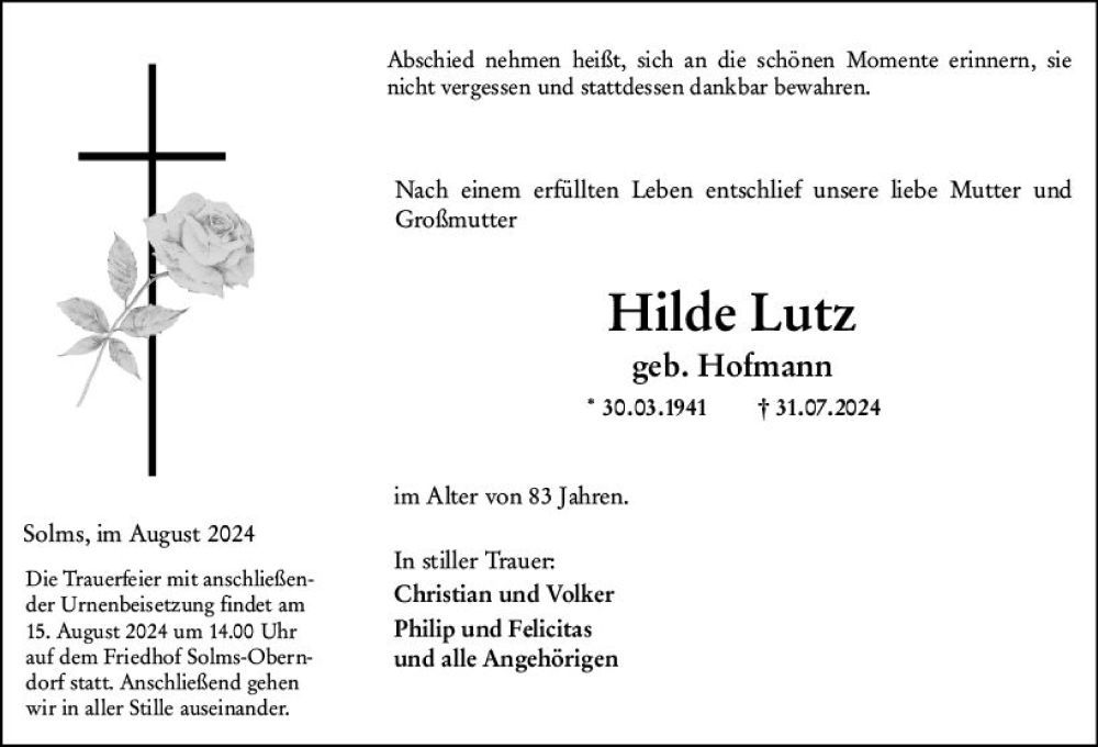  Traueranzeige für Hilde Lutz vom 10.08.2024 aus Wetzlarer Neue Zeitung